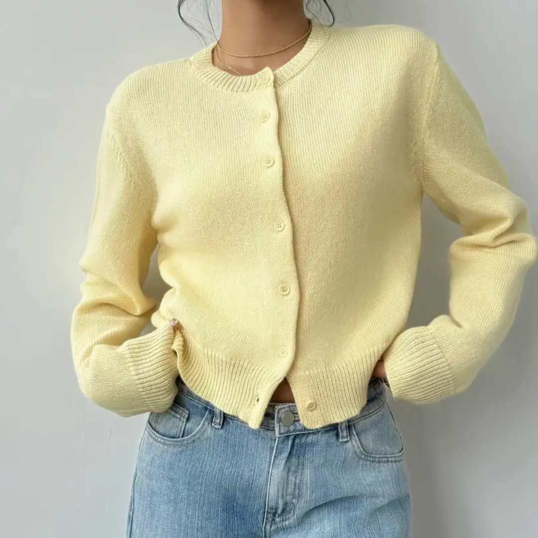 Damen Strickjacke mit Rundausschnitt Durchgehender Knopfleiste Langen Ärmeln mit Rippbündchen auf Taillenlänge