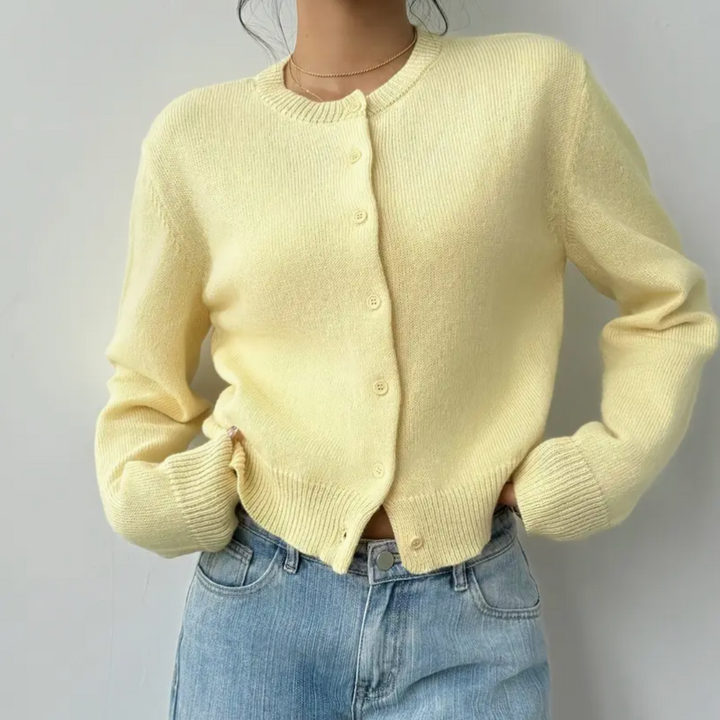 Damen Strickjacke mit Rundausschnitt Durchgehender Knopfleiste Langen Ärmeln mit Rippbündchen auf Taillenlänge