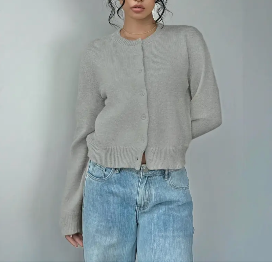 Damen Strickjacke mit Rundausschnitt Durchgehender Knopfleiste Langen Ärmeln mit Rippbündchen auf Taillenlänge