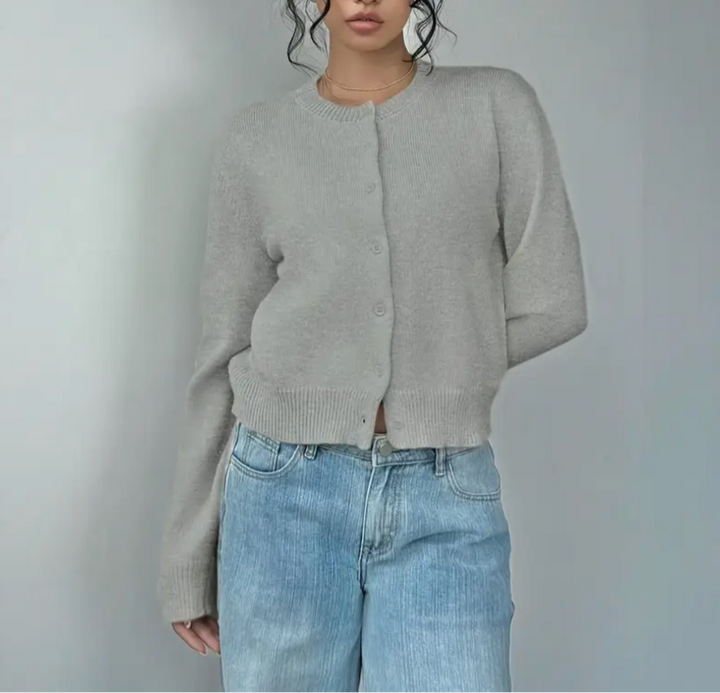 Damen Strickjacke mit Rundausschnitt Durchgehender Knopfleiste Langen Ärmeln mit Rippbündchen auf Taillenlänge
