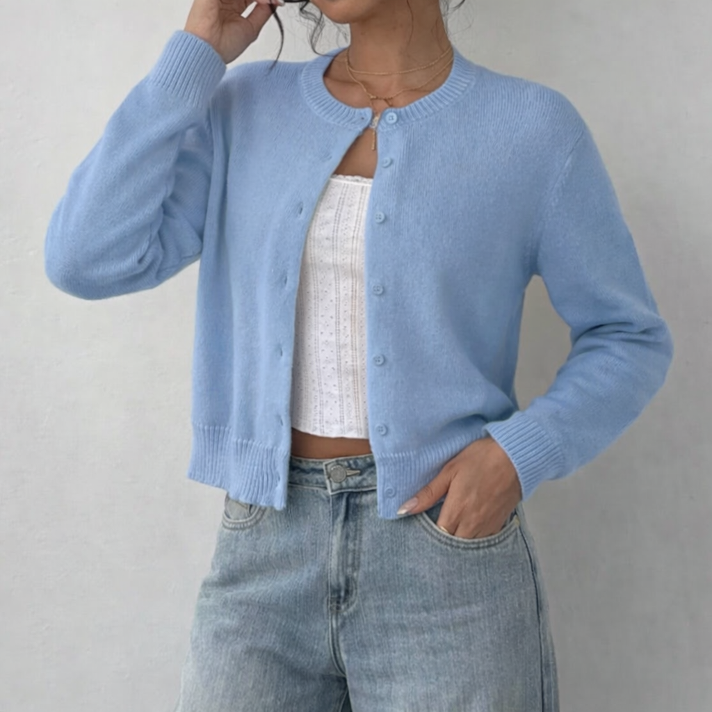 Damen Strickjacke mit Rundausschnitt Durchgehender Knopfleiste Langen Ärmeln mit Rippbündchen auf Taillenlänge