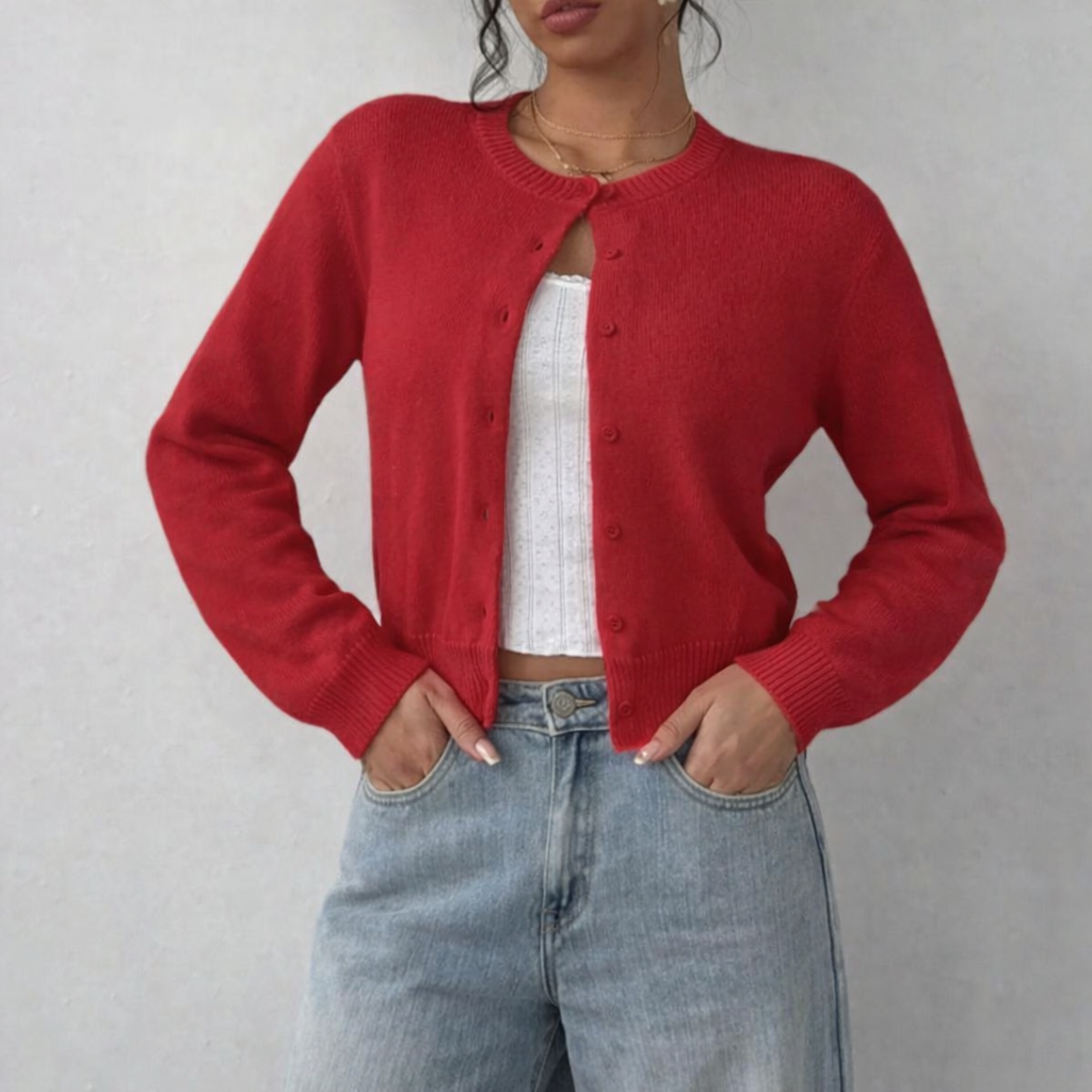 Damen Strickjacke mit Rundausschnitt Durchgehender Knopfleiste Langen Ärmeln mit Rippbündchen auf Taillenlänge