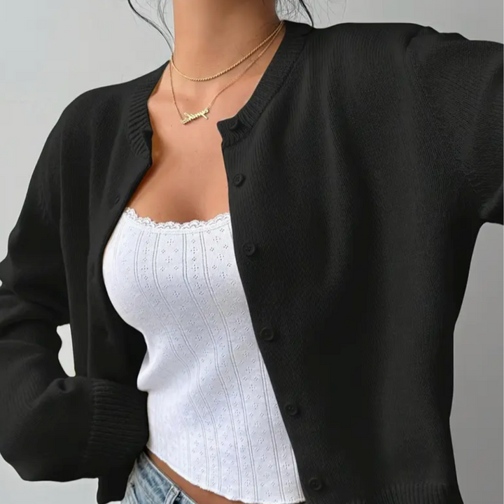 Damen Strickjacke mit Rundausschnitt Durchgehender Knopfleiste Langen Ärmeln mit Rippbündchen auf Taillenlänge