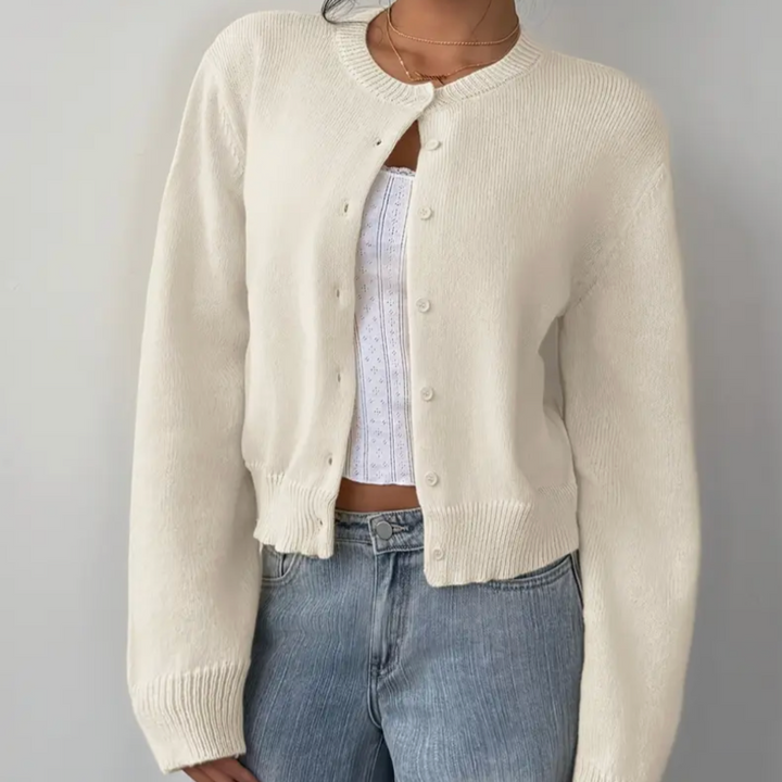 Damen Strickjacke mit Rundausschnitt Durchgehender Knopfleiste Langen Ärmeln mit Rippbündchen auf Taillenlänge