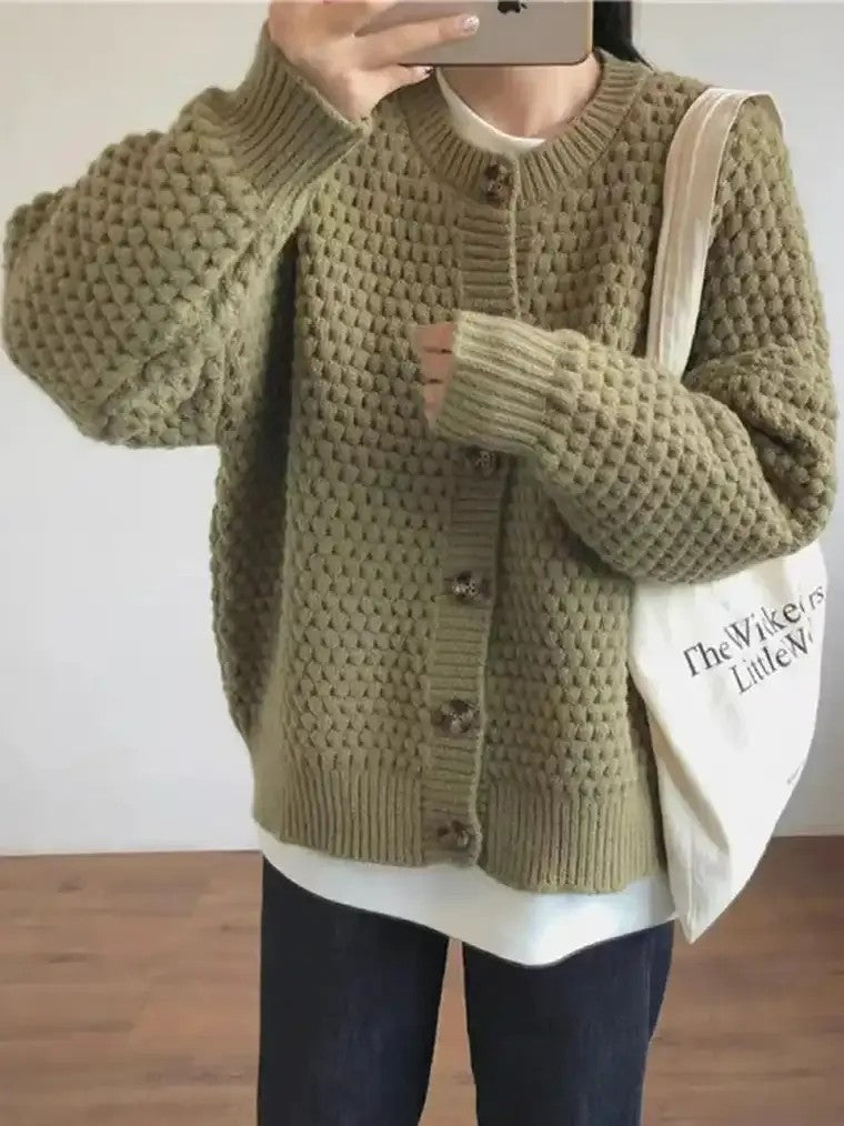 Damen Strickjacke mit Rundhalsausschnitt Knopfverschluss Ballonärmeln und Strukturmuster