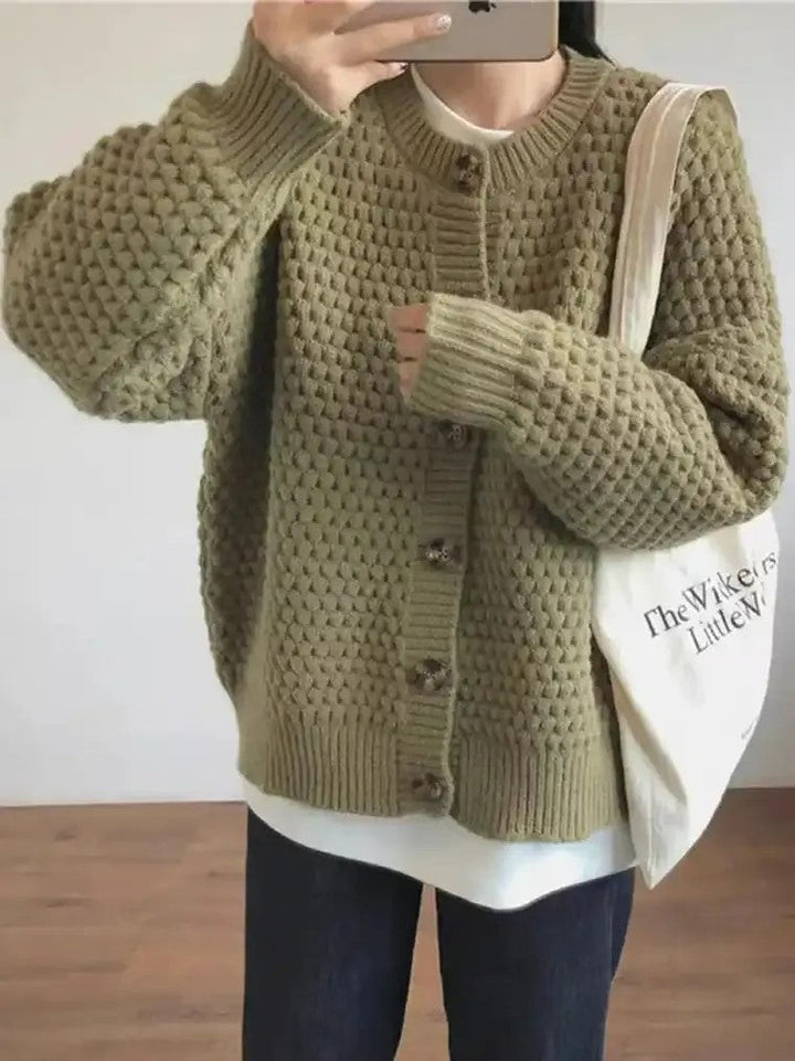 Damen Strickjacke mit Rundhalsausschnitt Knopfverschluss Ballonärmeln und Strukturmuster