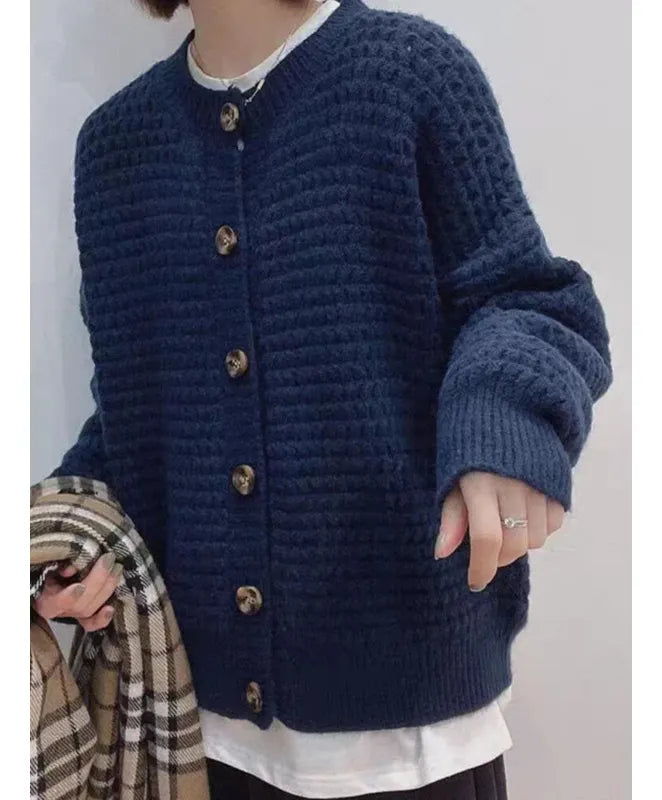 Damen Strickjacke mit Rundhalsausschnitt Knopfverschluss Ballonärmeln und Strukturmuster