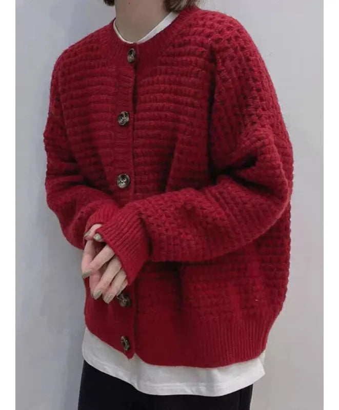 Damen Strickjacke mit Rundhalsausschnitt Knopfverschluss Ballonärmeln und Strukturmuster