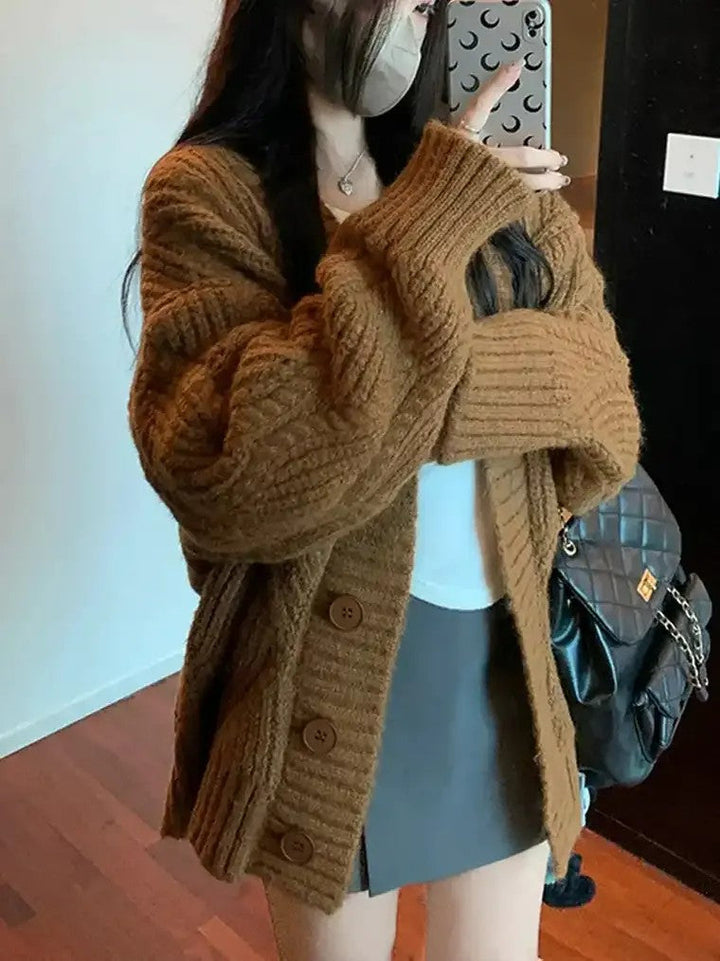 Damen Strickjacke mit V-Ausschnitt Knopfleiste und Strukturiertem Strickmuster