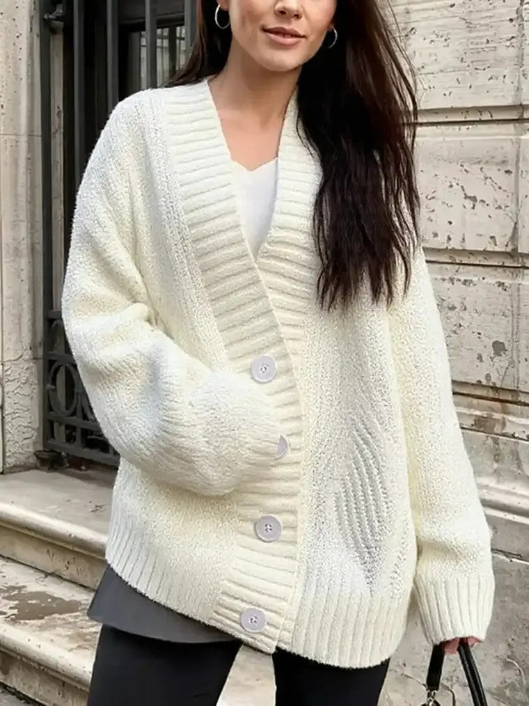 Damen Strickjacke mit V-Ausschnitt Knopfleiste und Strukturiertem Strickmuster