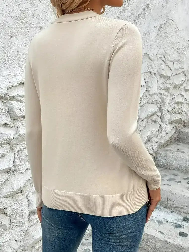 Damen Strickjacke mit V-Ausschnitt Knopfverschluss Langen Ärmeln und Gerippten Bündchen
