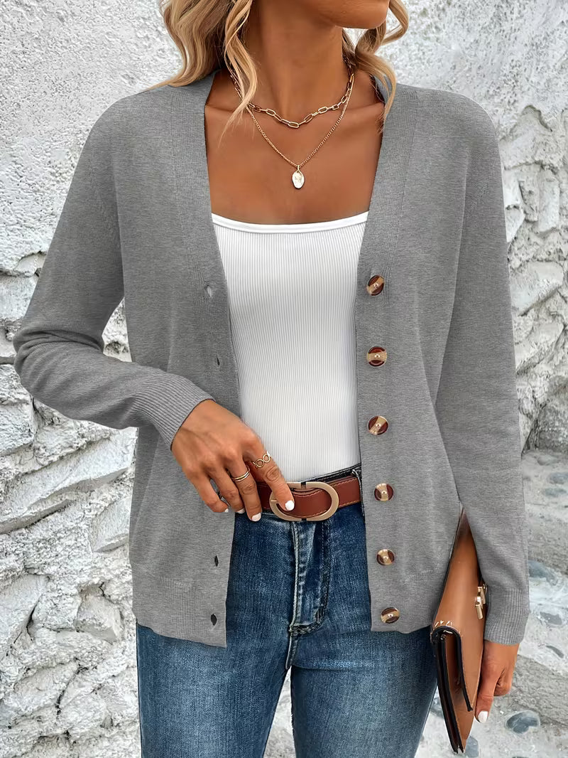 Damen Strickjacke mit V-Ausschnitt Knopfverschluss Langen Ärmeln und Gerippten Bündchen