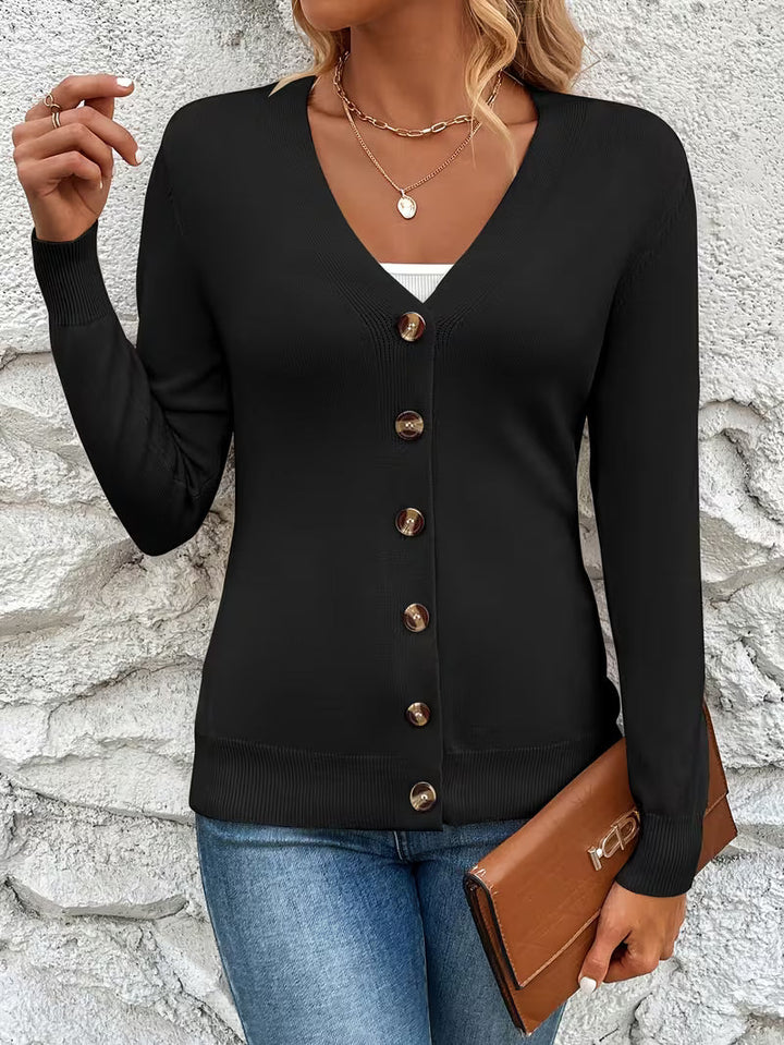 Damen Strickjacke mit V-Ausschnitt Knopfverschluss Langen Ärmeln und Gerippten Bündchen