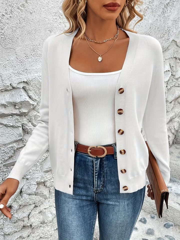 Damen Strickjacke mit V-Ausschnitt Knopfverschluss Langen Ärmeln und Gerippten Bündchen