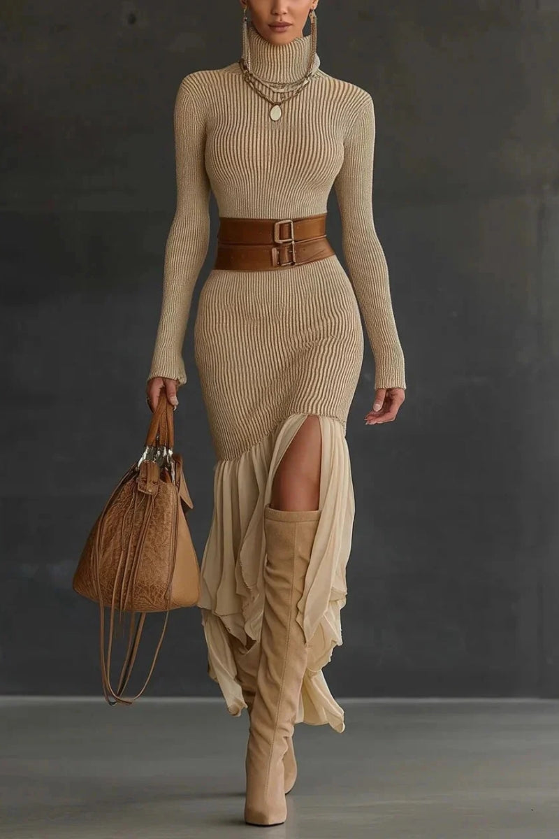 Damen Strickkleid mit Rollkragen Langen Ärmeln Gerippter Oberfläche und Volantsaum