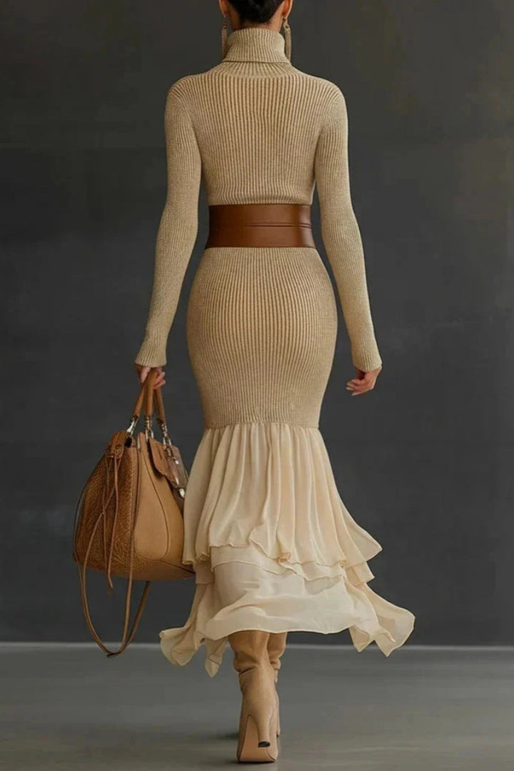 Damen Strickkleid mit Rollkragen Langen Ärmeln Gerippter Oberfläche und Volantsaum