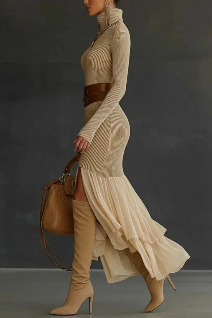 Damen Strickkleid mit Rollkragen Langen Ärmeln Gerippter Oberfläche und Volantsaum