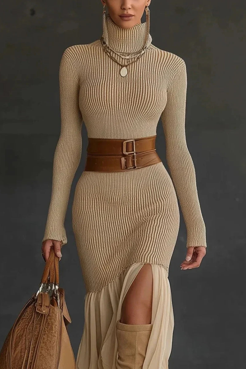 Damen Strickkleid mit Rollkragen Langen Ärmeln Gerippter Oberfläche und Volantsaum