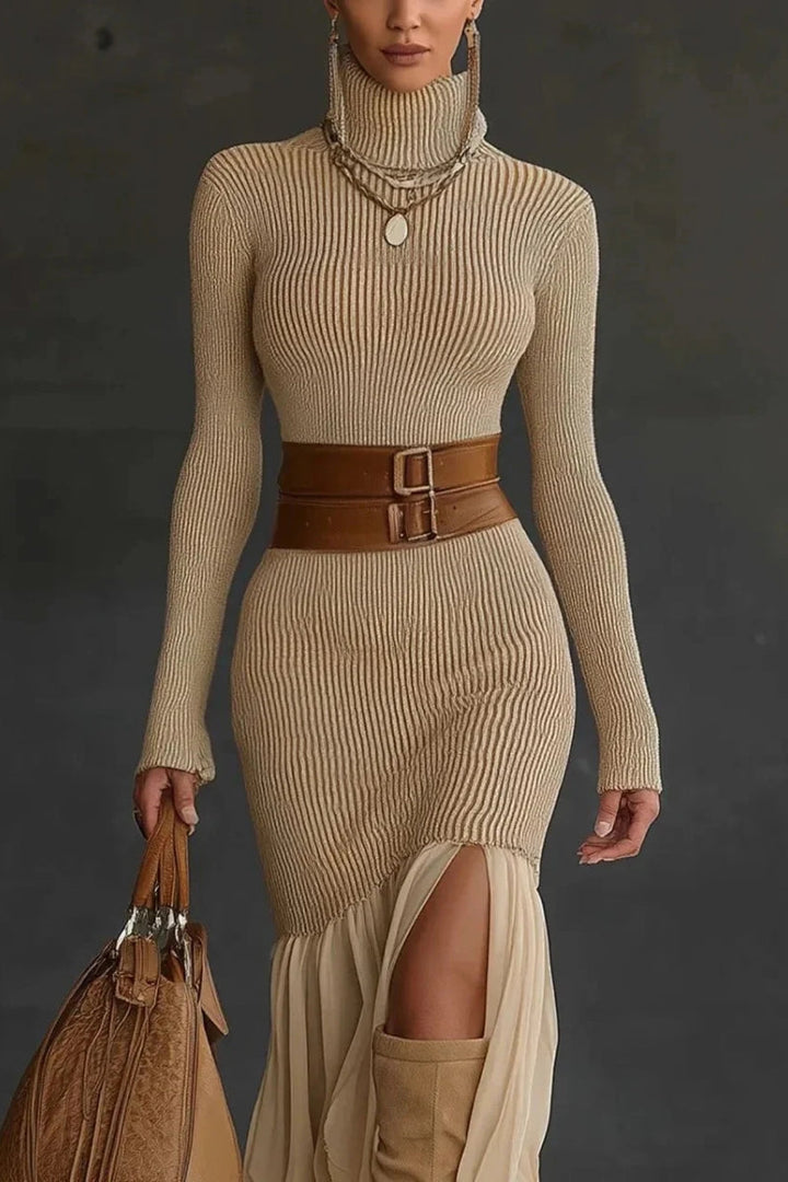 Damen Strickkleid mit Rollkragen Langen Ärmeln Gerippter Oberfläche und Volantsaum