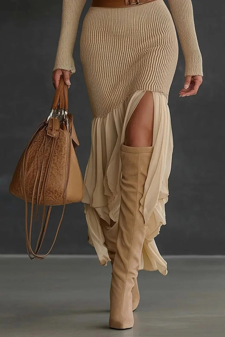 Damen Strickkleid mit Rollkragen Langen Ärmeln Gerippter Oberfläche und Volantsaum