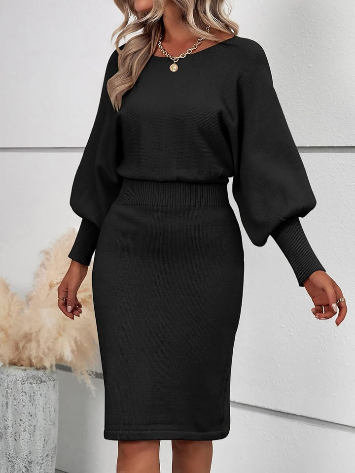 Damen strickkleid mit rundhalsausschnitt ballonärmeln und midilänge