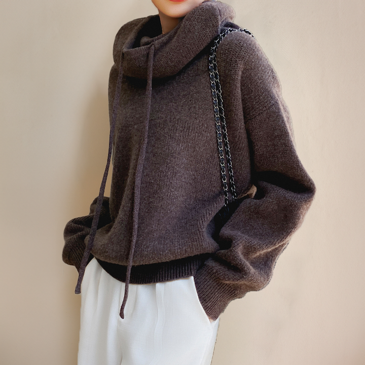 Damen Strickpullover mit hohem Kragen und Kordelzug