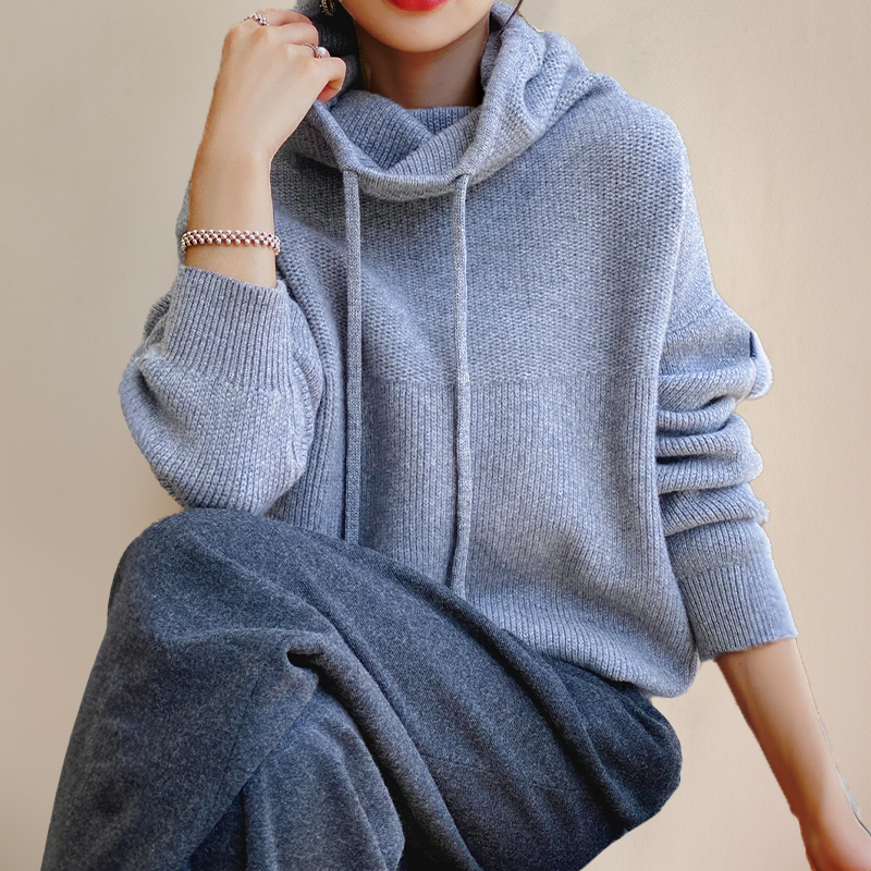 Damen Strickpullover mit hohem Kragen und Kordelzug