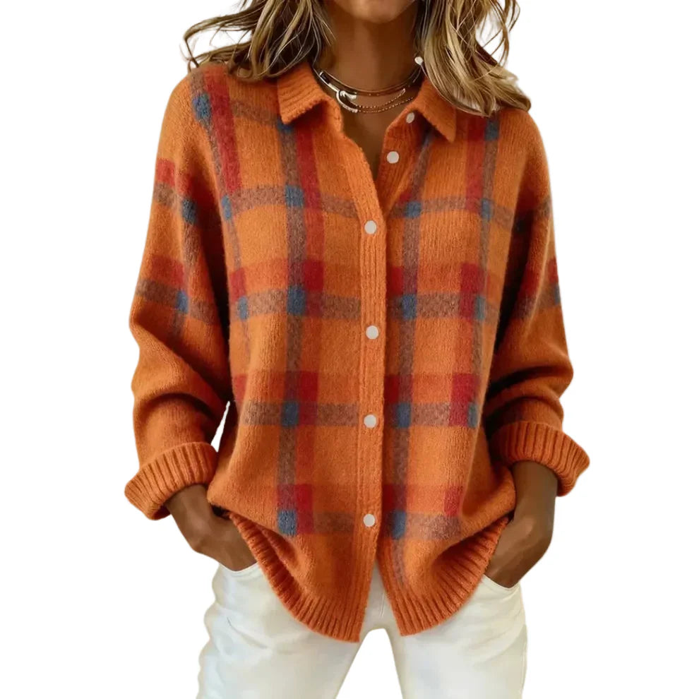 Damen Strickpullover mit Kragen und Karomuster-Women Sweaters-Alpenkind