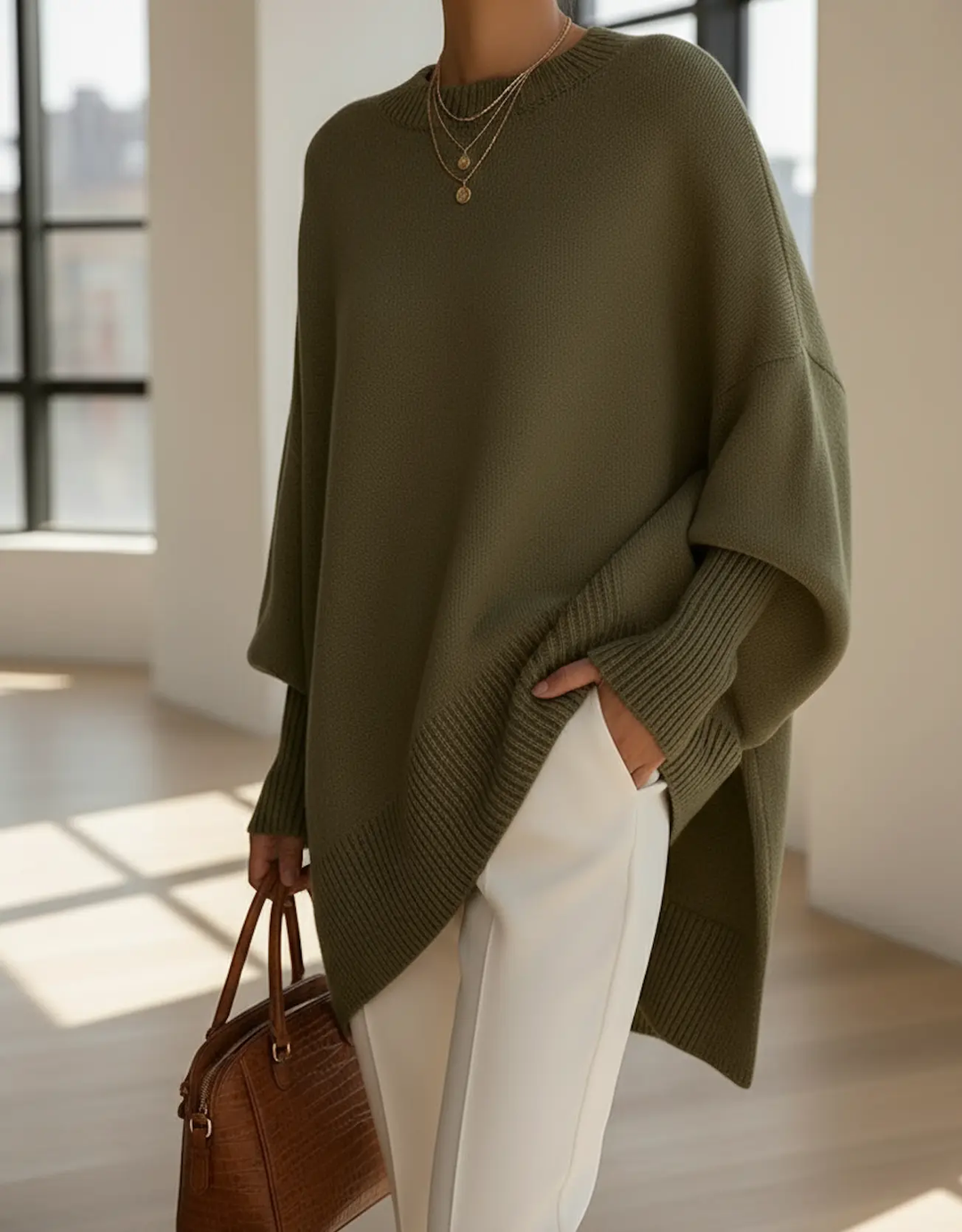Damen Strickpullover mit Rundhalsausschnitt und Fledermausärmeln sowie Rippstricksaum
