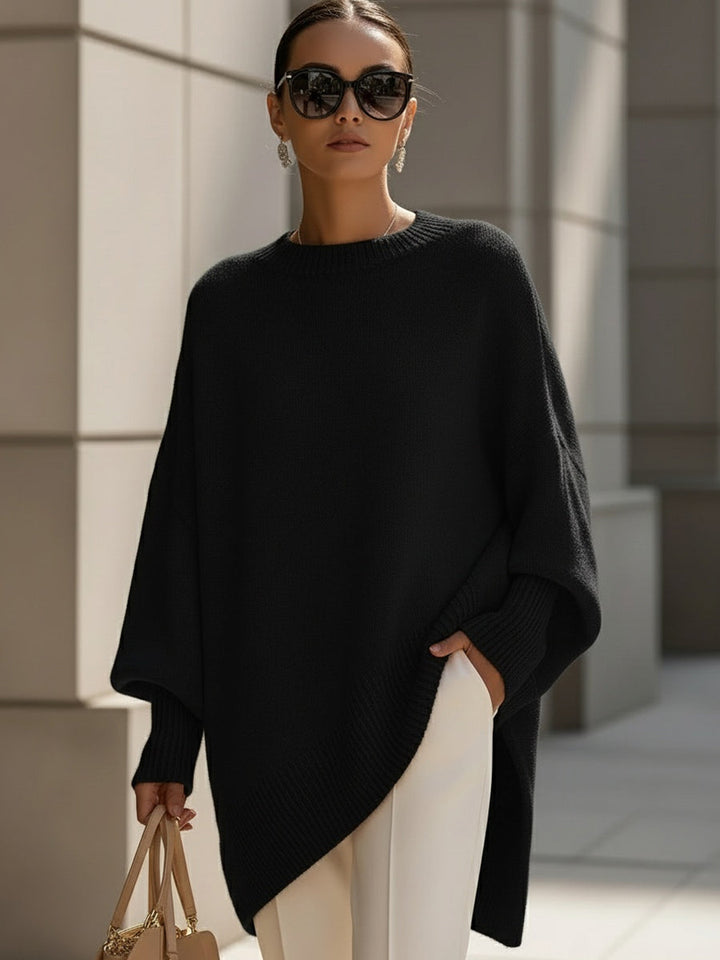 Damen Strickpullover mit Rundhalsausschnitt und Fledermausärmeln sowie Rippstricksaum