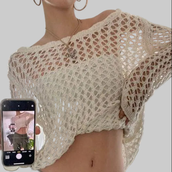 Damen Stricktop mit Lochmuster Weitem Hals Langen Ärmeln und Kurzer Länge
