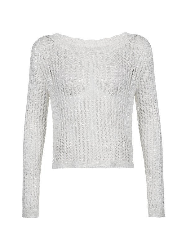 Damen Stricktop mit Lochmuster Weitem Hals Langen Ärmeln und Kurzer Länge