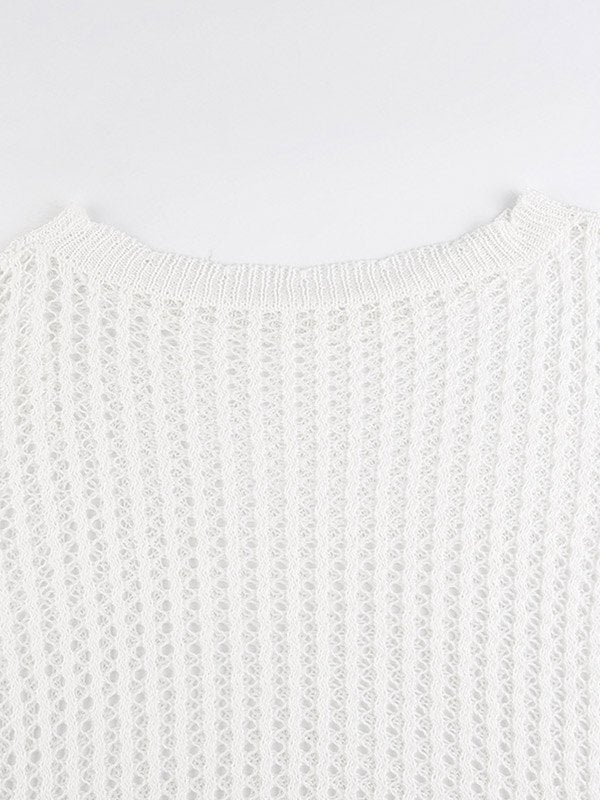 Damen Stricktop mit Lochmuster Weitem Hals Langen Ärmeln und Kurzer Länge