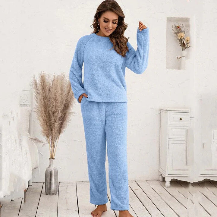 Damen Strukturiertes Langarm Oberteil und Hose Set mit Rundhalsausschnitt