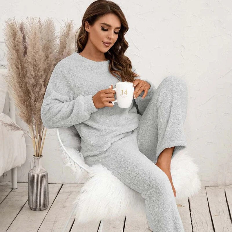 Damen Strukturiertes Langarm Oberteil und Hose Set mit Rundhalsausschnitt
