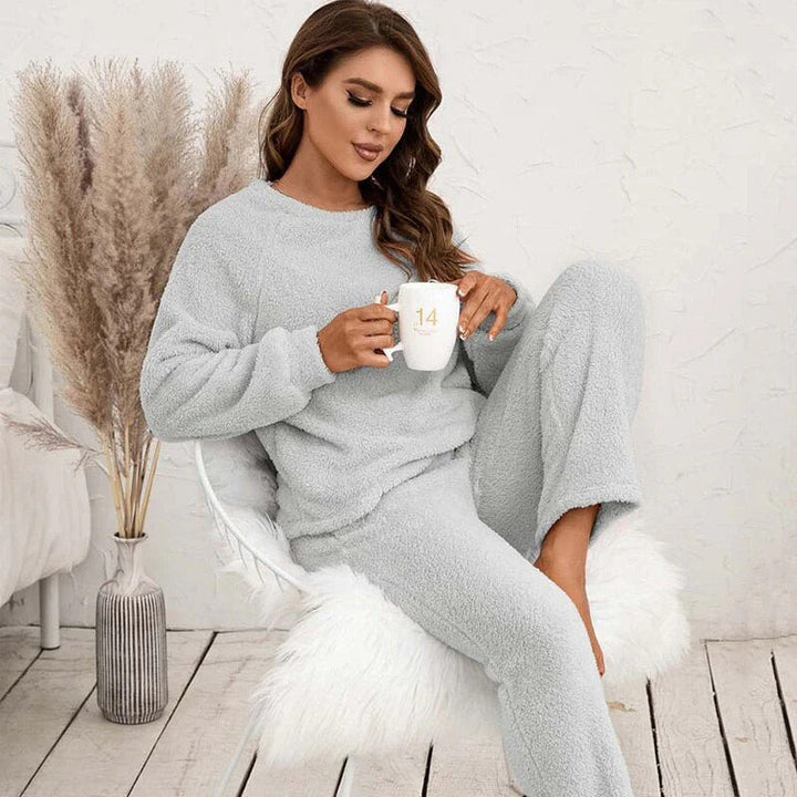 Damen Strukturiertes Langarm Oberteil und Hose Set mit Rundhalsausschnitt