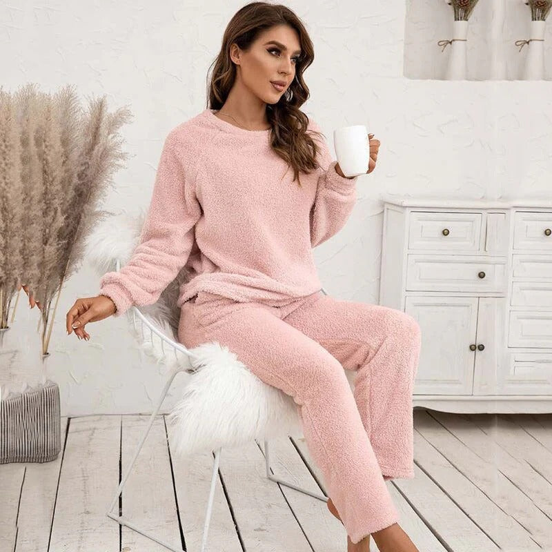 Damen Strukturiertes Langarm Oberteil und Hose Set mit Rundhalsausschnitt