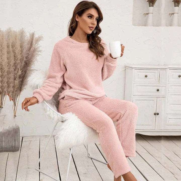 Damen Strukturiertes Langarm Oberteil und Hose Set mit Rundhalsausschnitt
