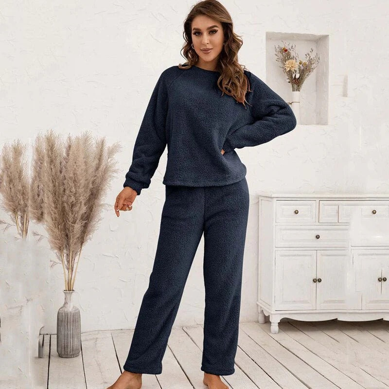 Damen Strukturiertes Langarm Oberteil und Hose Set mit Rundhalsausschnitt