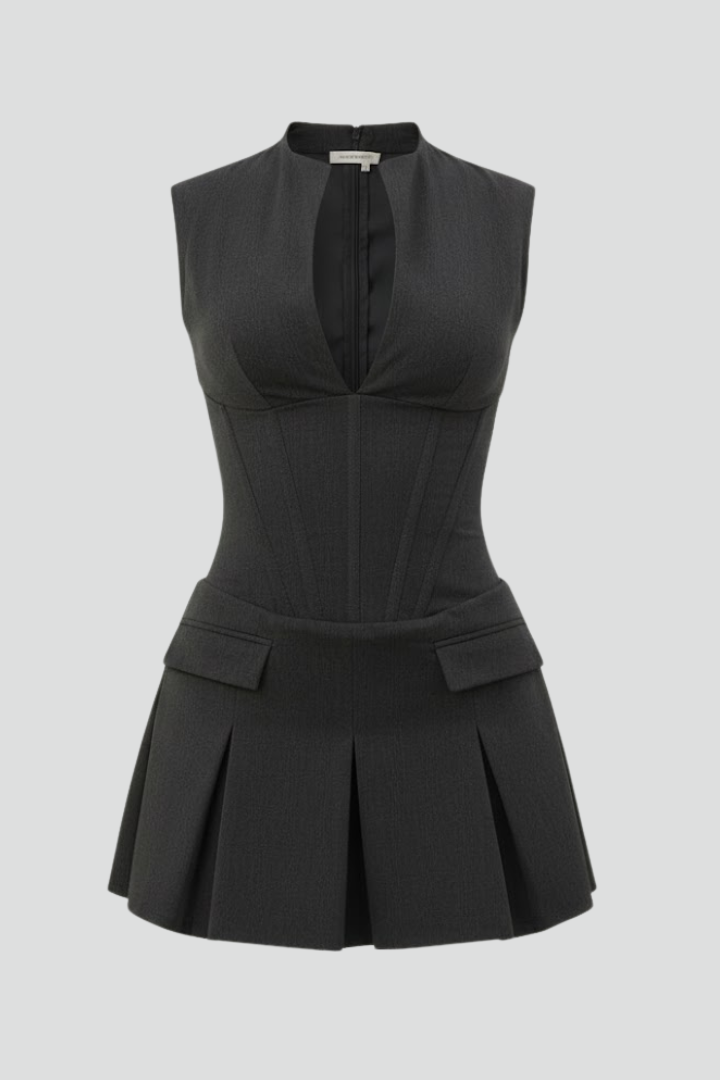 Damen strukturiertes Minikleid mit ärmellosem Schnitt und Faltenrock-Mini Dress-Alpenkind