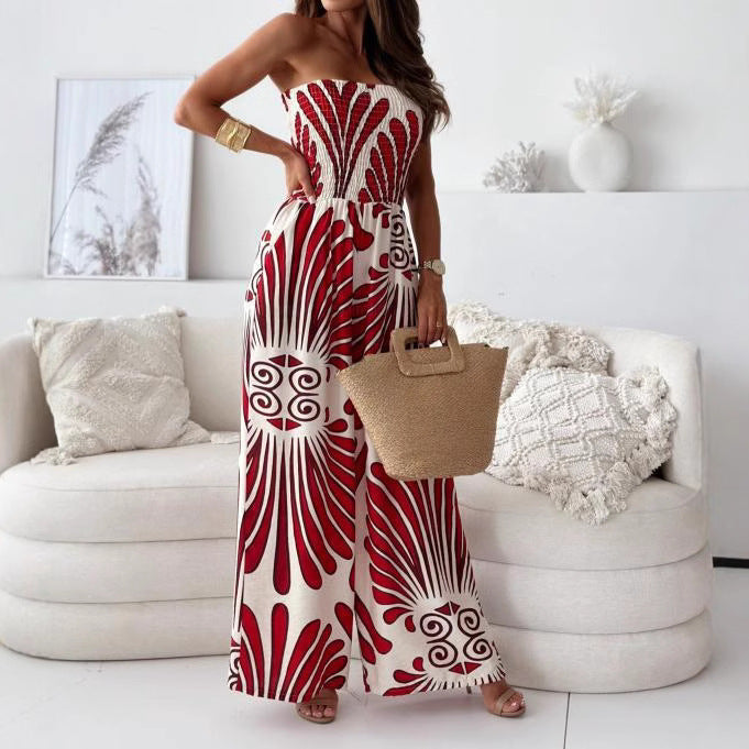 Damen Trägerloser Jumpsuit mit Weitem Bein und Abstraktem Druckmuster