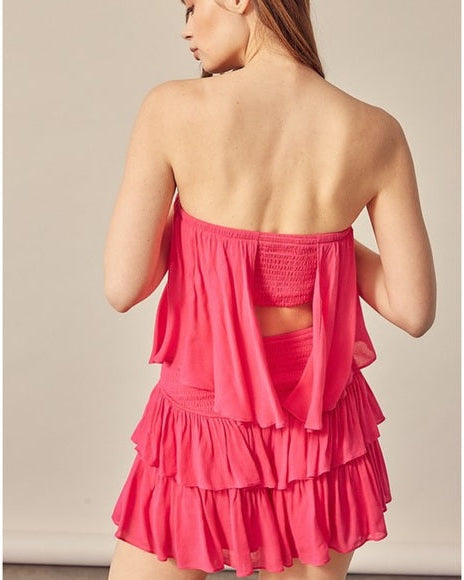 Damen Trägerloser Kurzer Jumpsuit mit Rüschenlagen und elastischem Bund