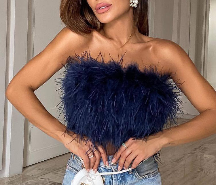 Damen trägerloses Bandeau Top mit Federbesatz und kurzer Länge