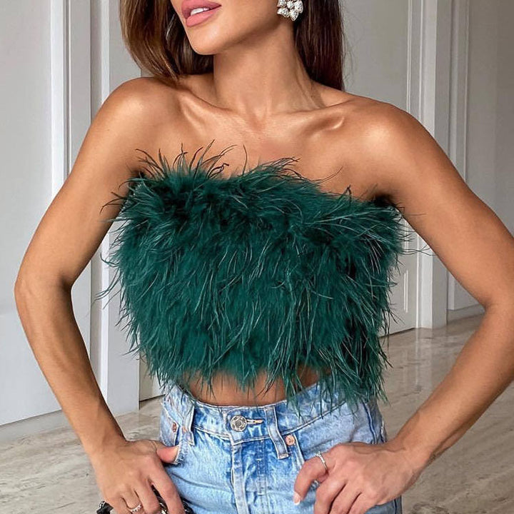 Damen trägerloses Bandeau Top mit Federbesatz und kurzer Länge