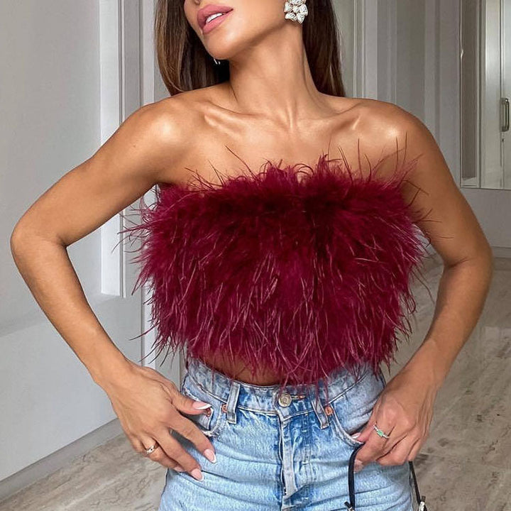 Damen trägerloses Bandeau Top mit Federbesatz und kurzer Länge