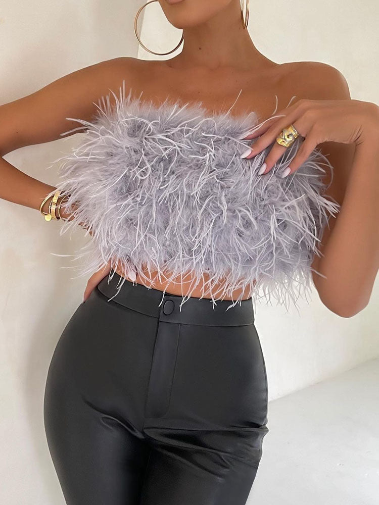 Damen trägerloses Bandeau Top mit Federbesatz und kurzer Länge