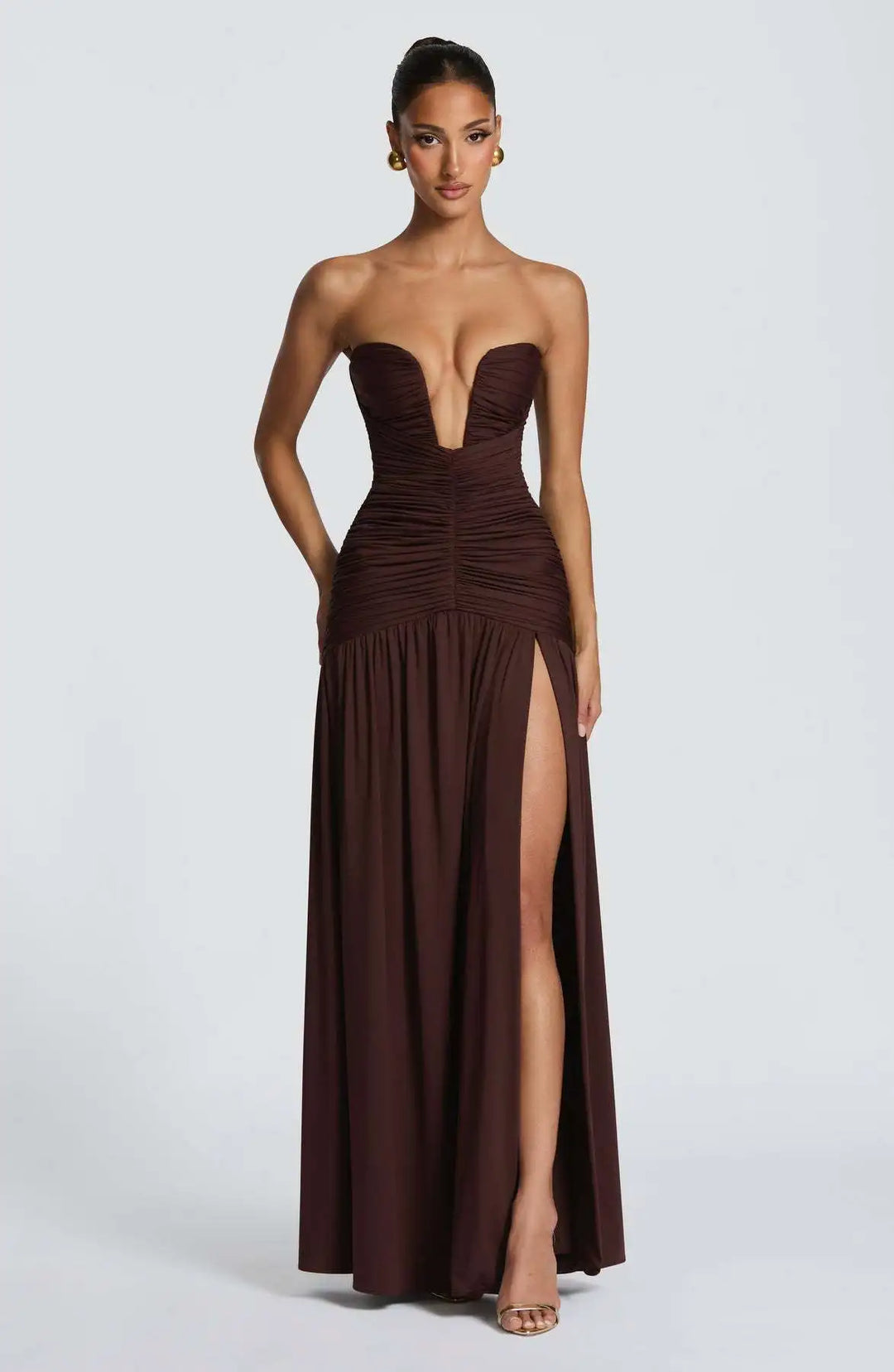 Damen Trägerloses Maxi-Kleid mit tiefem V-Ausschnitt und gerafftem Oberteil mit Schlitz
