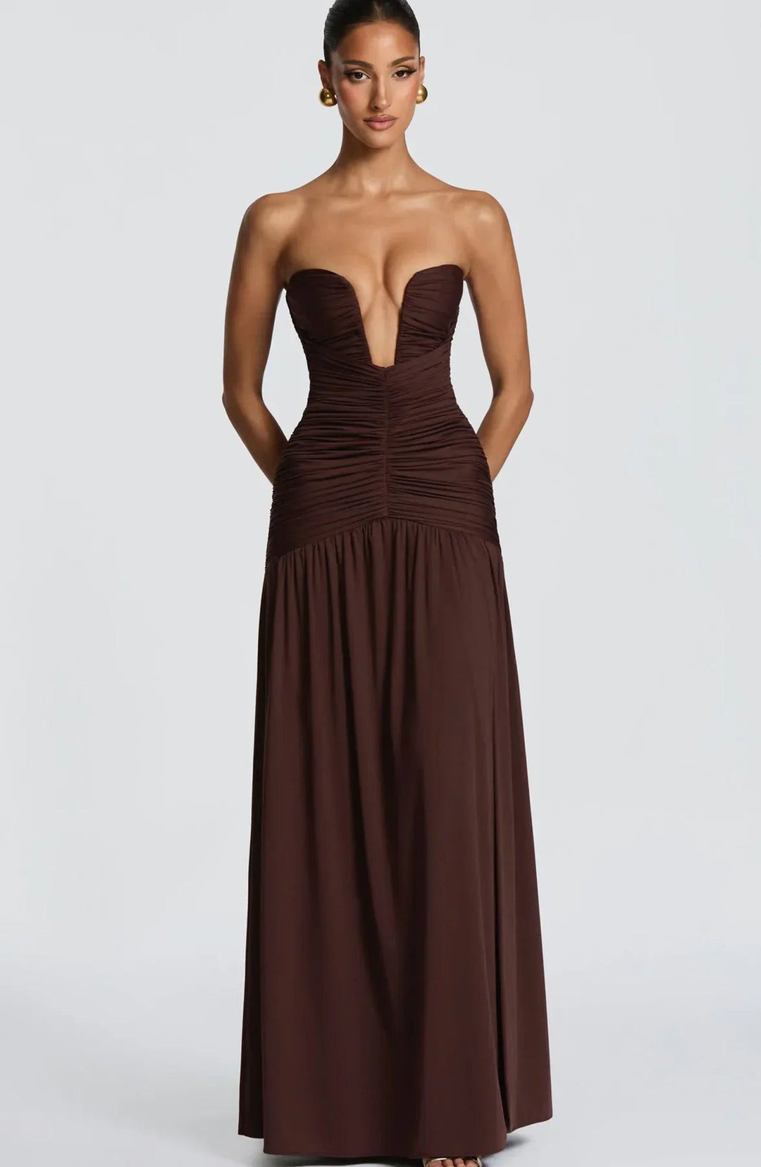 Damen Trägerloses Maxi-Kleid mit tiefem V-Ausschnitt und gerafftem Oberteil mit Schlitz