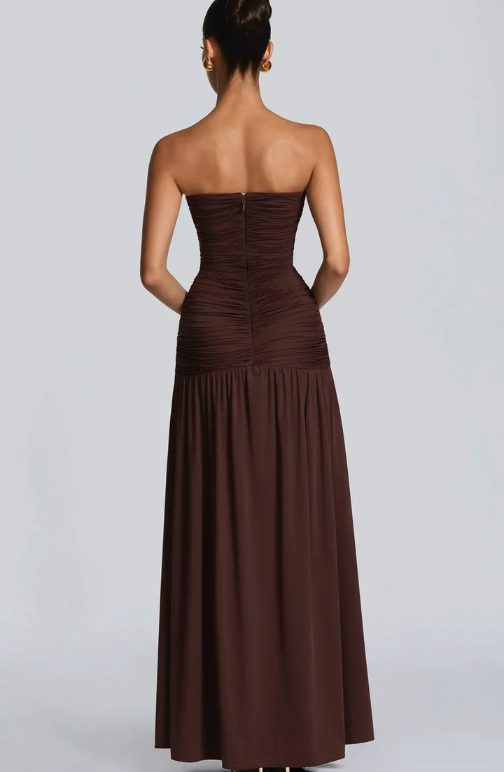 Damen Trägerloses Maxi-Kleid mit tiefem V-Ausschnitt und gerafftem Oberteil mit Schlitz