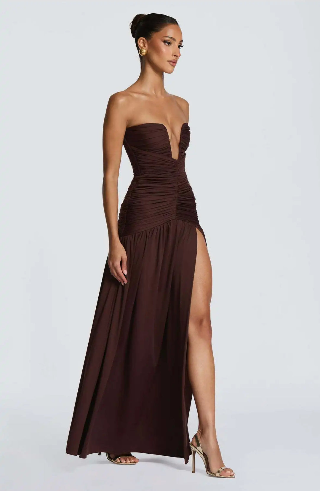 Damen Trägerloses Maxi-Kleid mit tiefem V-Ausschnitt und gerafftem Oberteil mit Schlitz